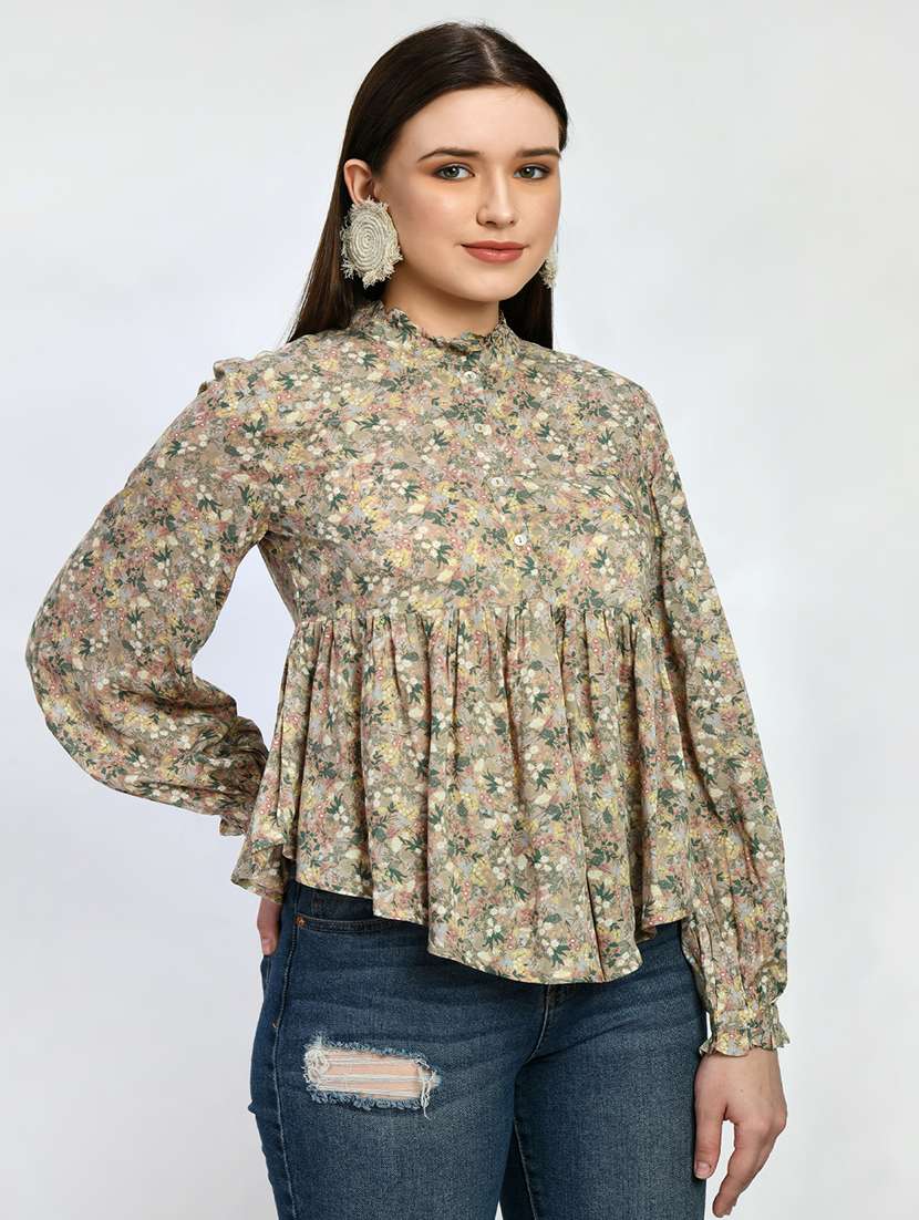 woemn printed long sleeve peplum top