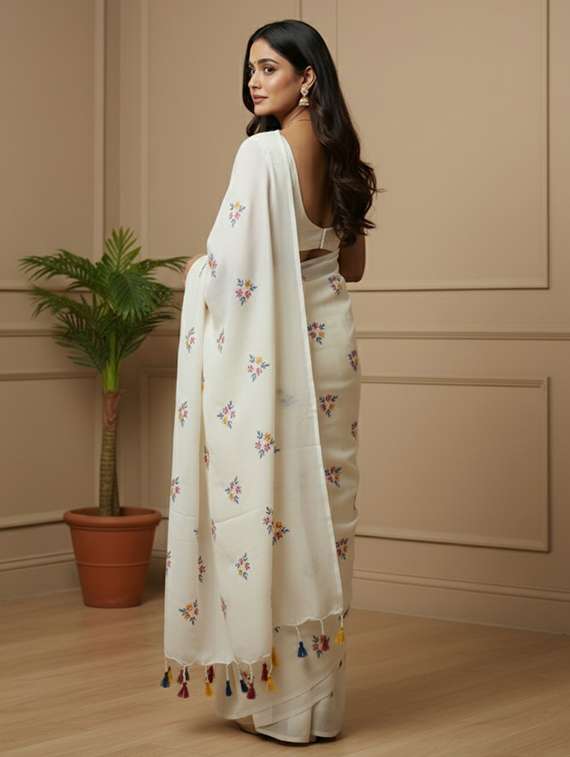Women Solid With Work Handloom Saree With Blouse - 22505456 -  Standard Image - 3