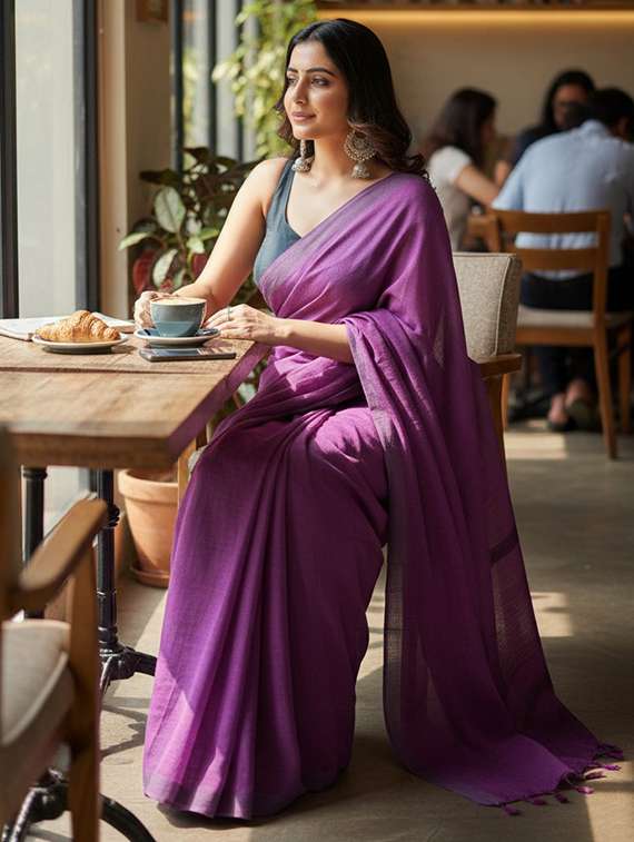 women solid handloom saree with blouse - 22505475 -  Standard Image - 3