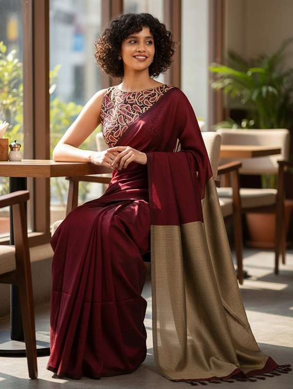 women solid handloom saree with blouse - 22505477 -  Standard Image - 3
