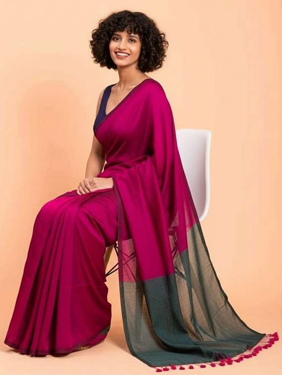 women solid handloom saree with blouse - 22505480 -  Standard Image - 3