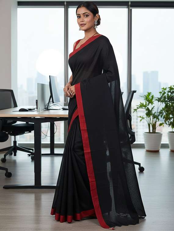 women solid with bordered handloom saree with blouse