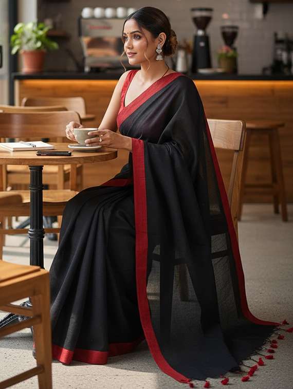 women solid with bordered handloom saree with blouse - 22505481 -  Standard Image - 3