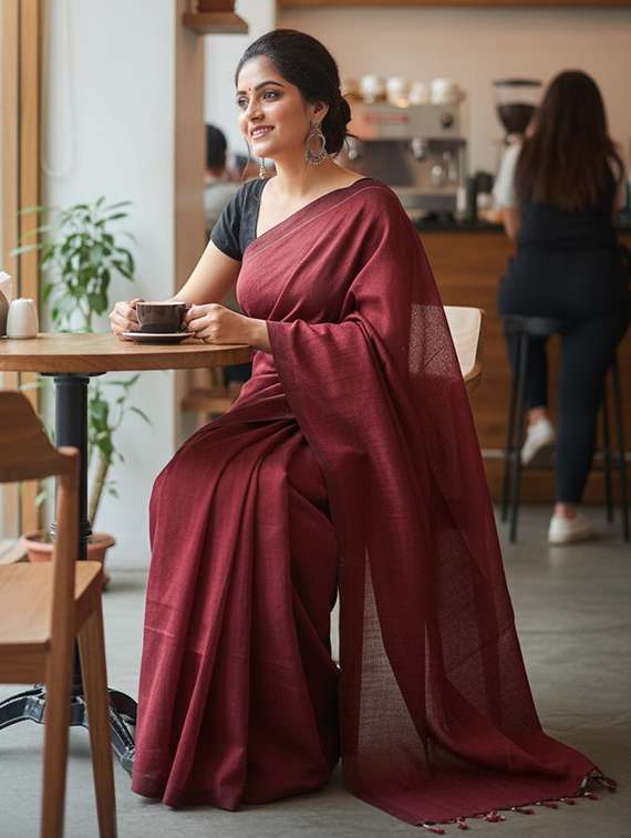 women solid handloom saree with blouse - 22505493 -  Standard Image - 3