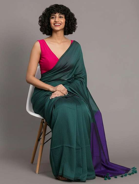 women solid handloom saree with blouse - 22505497 -  Standard Image - 3