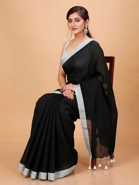 women solid with bordered handloom saree with blouse - 22505499 -  Standard Image - 3