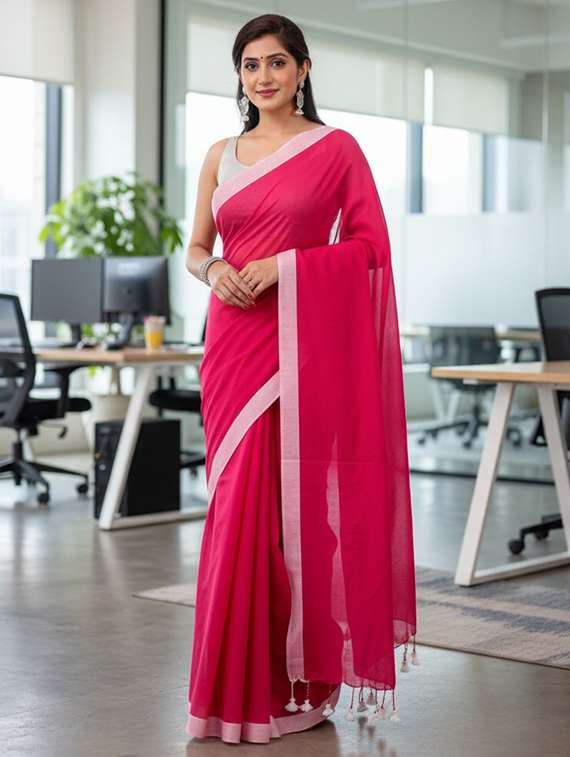 women solid with bordered handloom saree with blouse