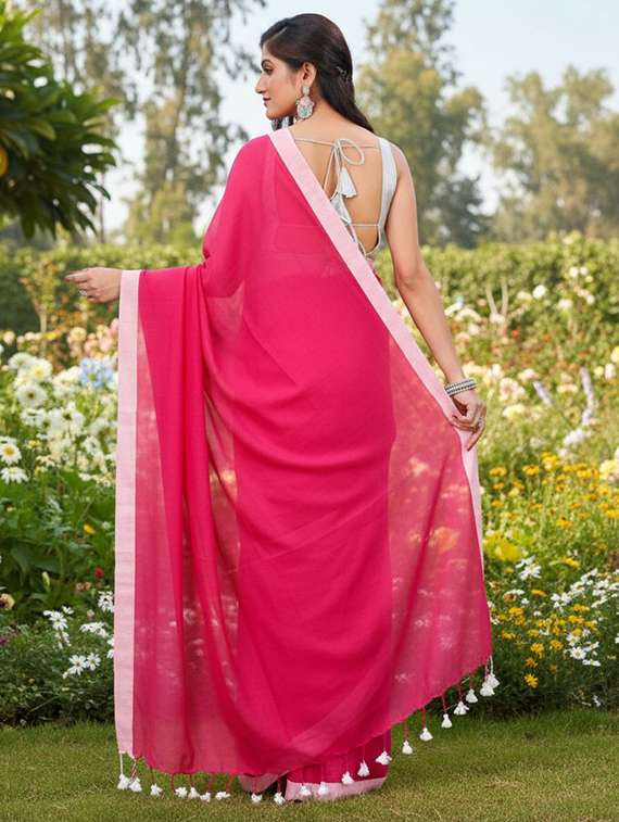 women solid with bordered handloom saree with blouse - 22505501 -  Standard Image - 3