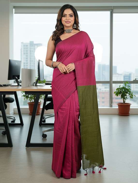 women solid handloom saree with blouse