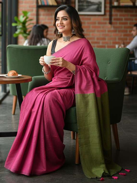 women solid handloom saree with blouse - 22505513 -  Standard Image - 3