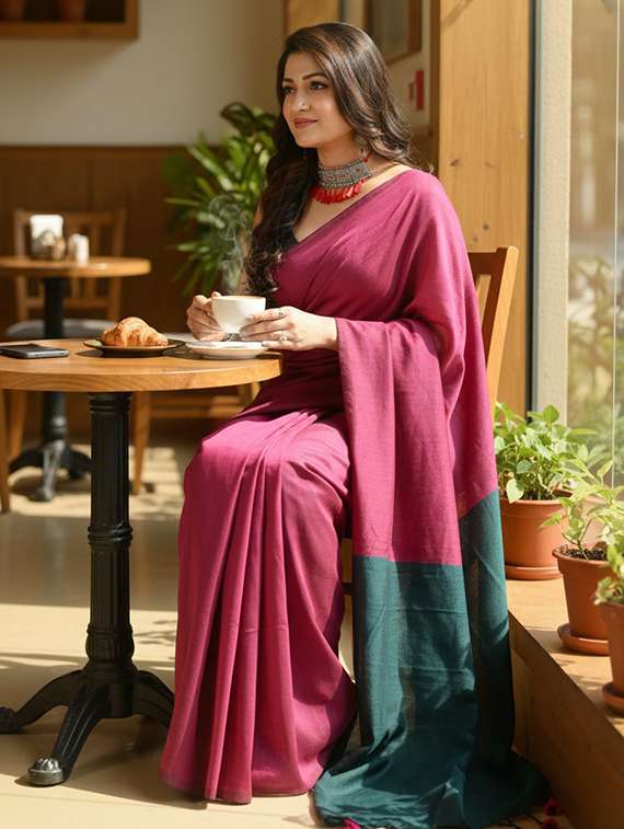women solid handloom saree with blouse - 22505541 -  Standard Image - 3