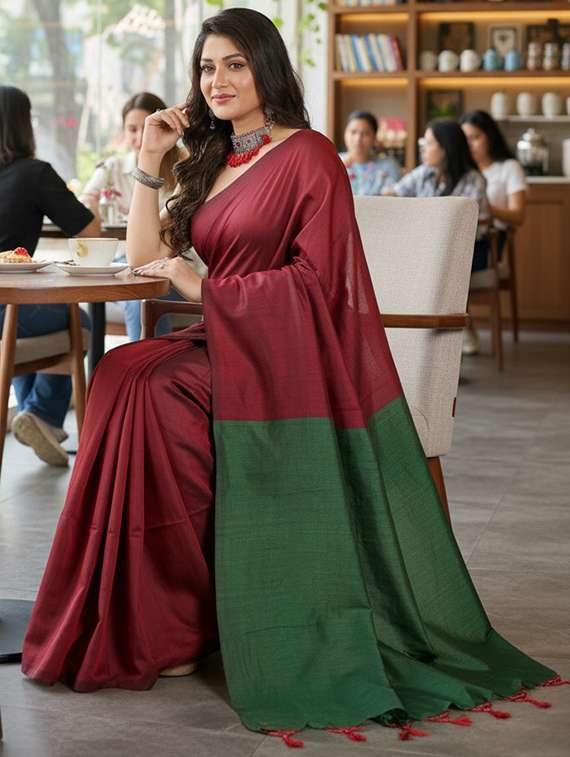 women solid handloom saree with blouse - 22505547 -  Standard Image - 3