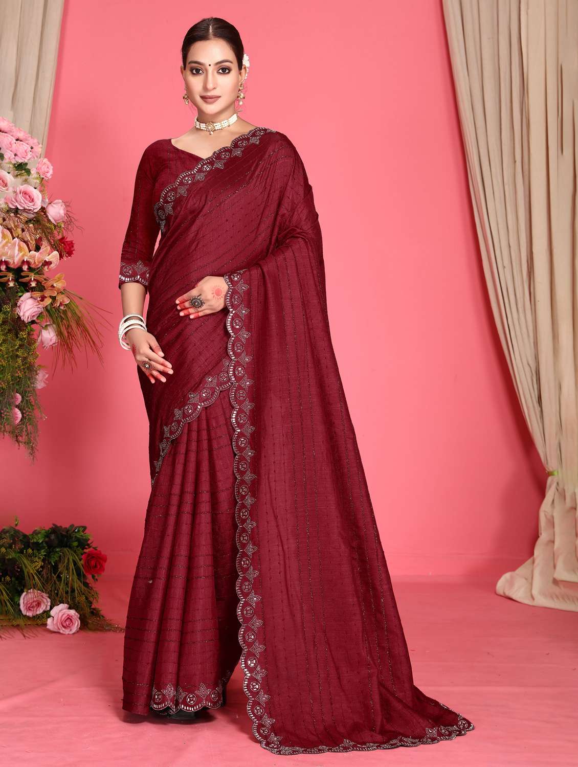 women solid with work embellished saree with blouse