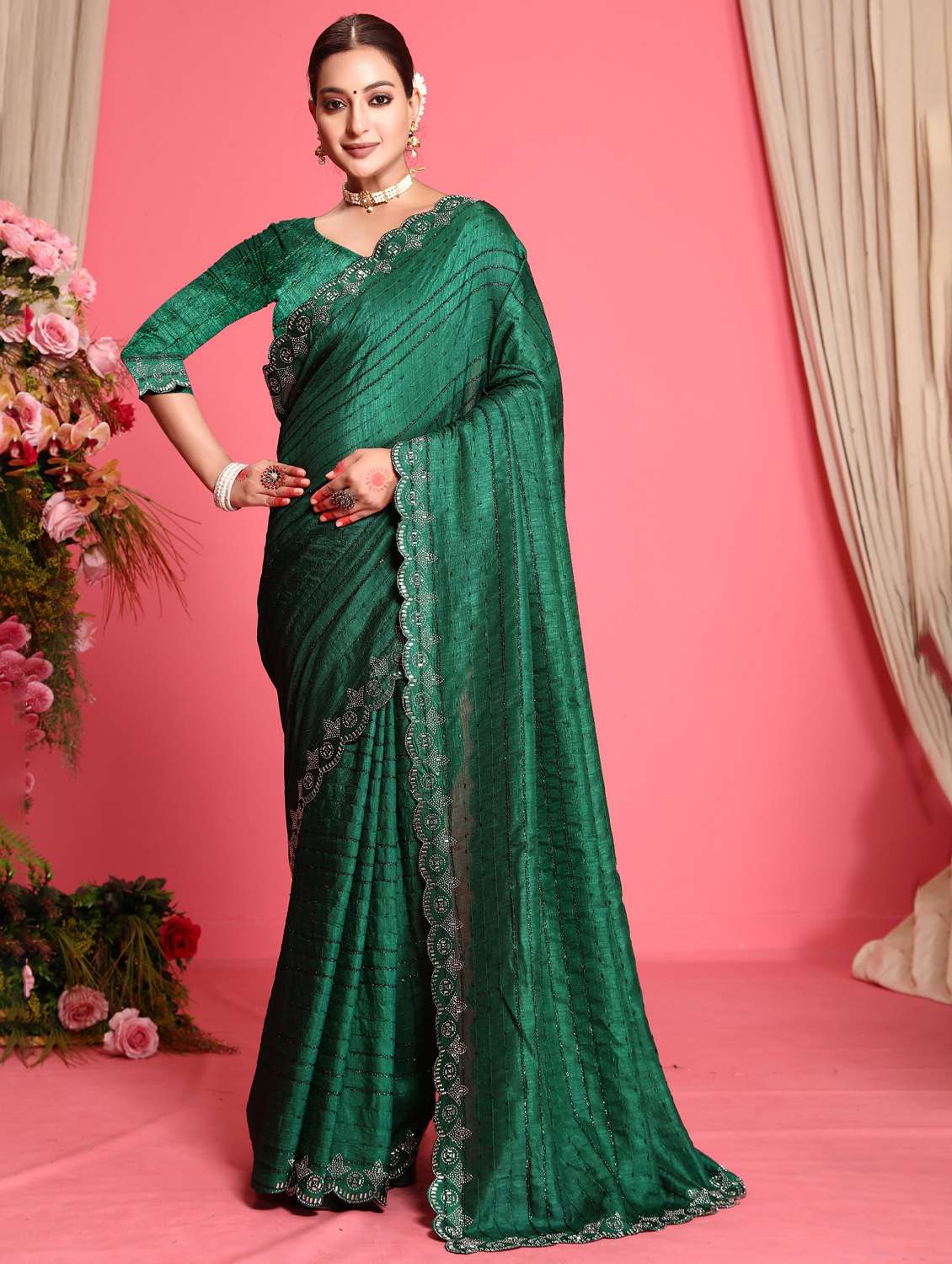 women solid with work embellished saree with blouse