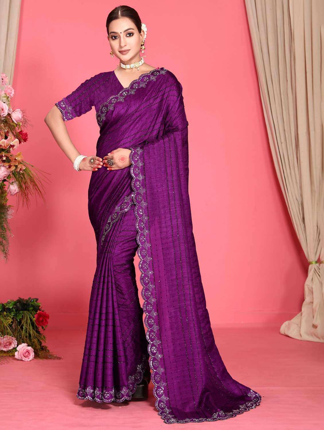 women solid with work embellished saree with blouse