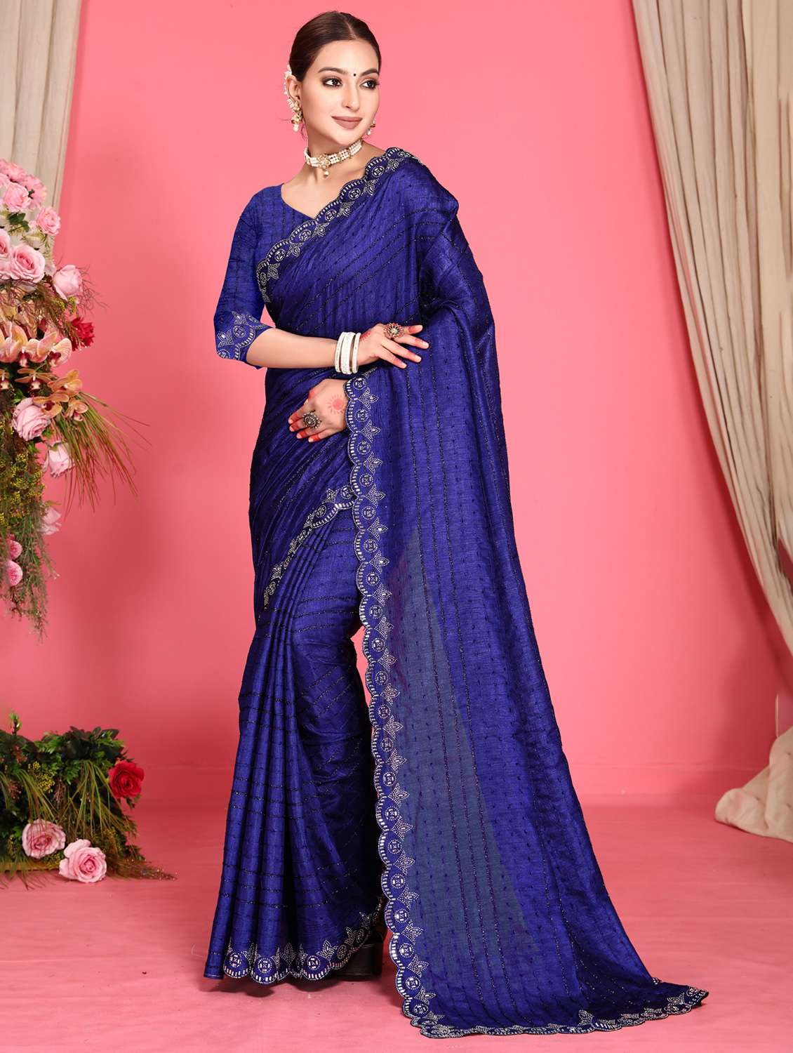 women solid with work embellished saree with blouse