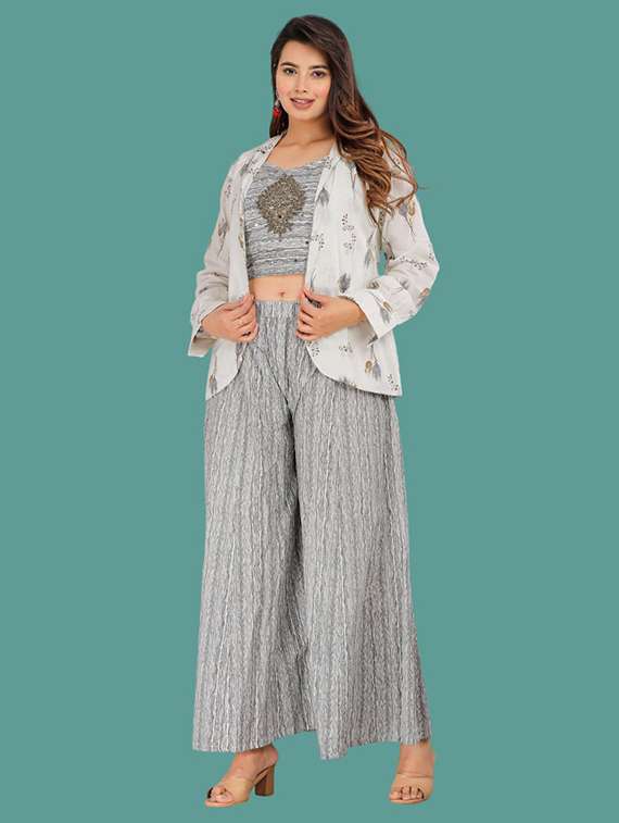 women printed crop top palazzo with shrug