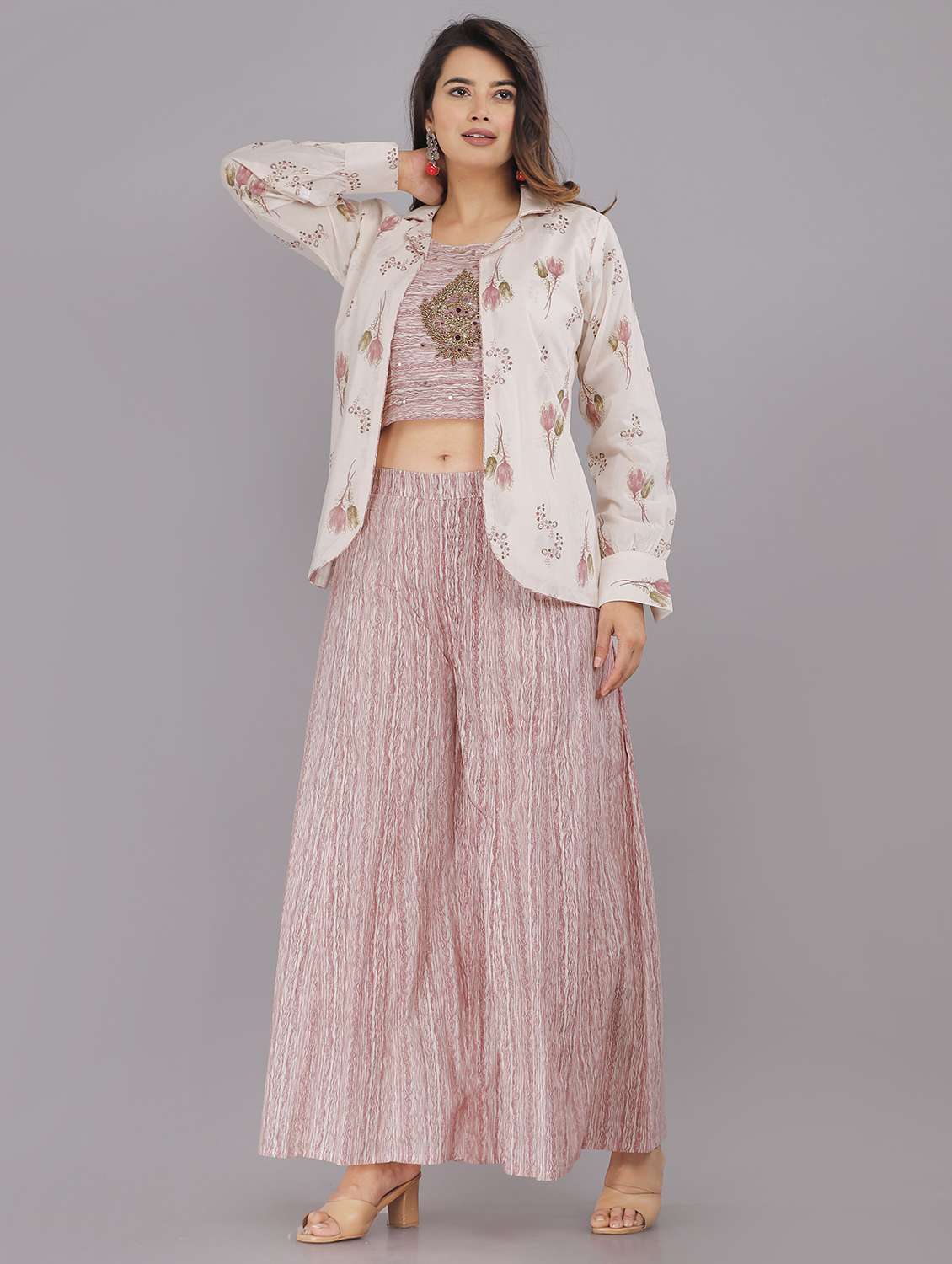 women printed crop top palazzo with shrug