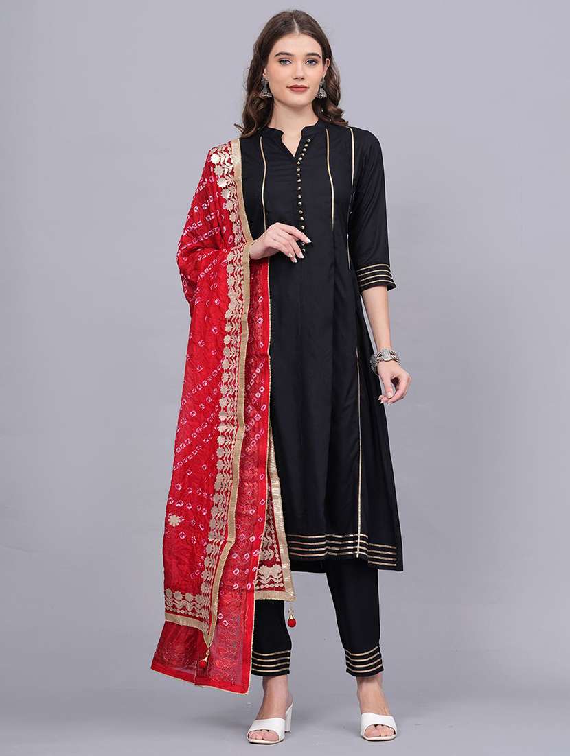 women solid with work three quarter sleeve kurta pant with dupatta set