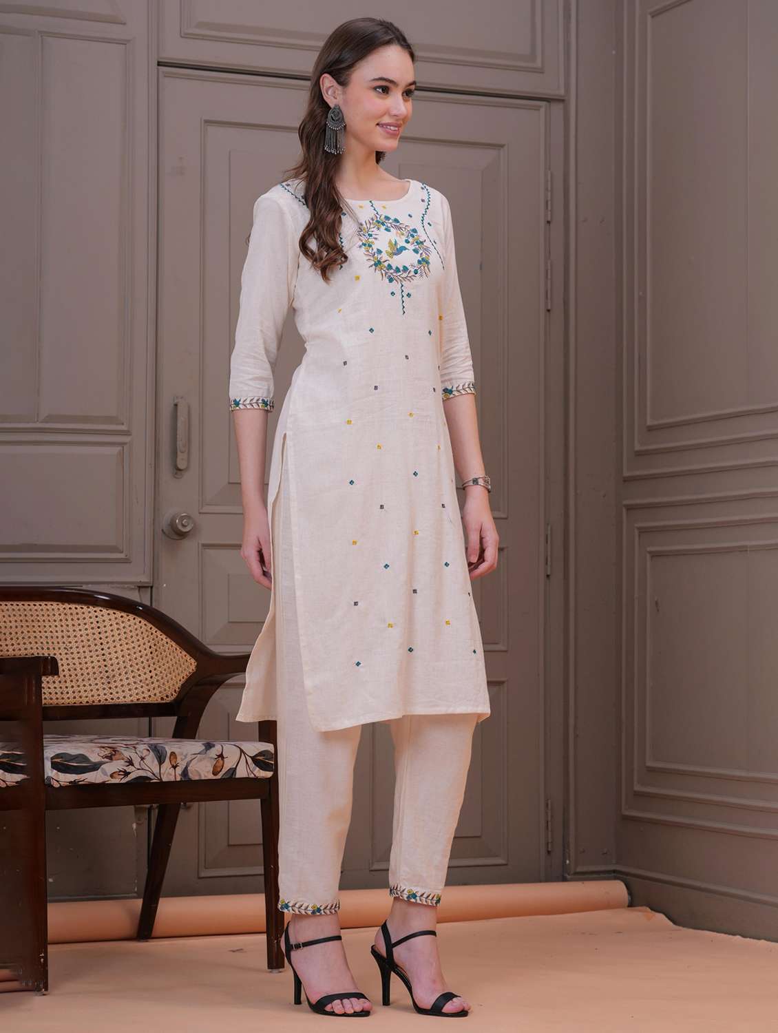 women solid with work three quarter sleeve kurta pant set - 22505852 -  Standard Image - 3