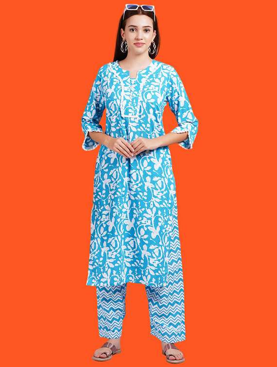 women printed three quarter sleeve kurta pant set