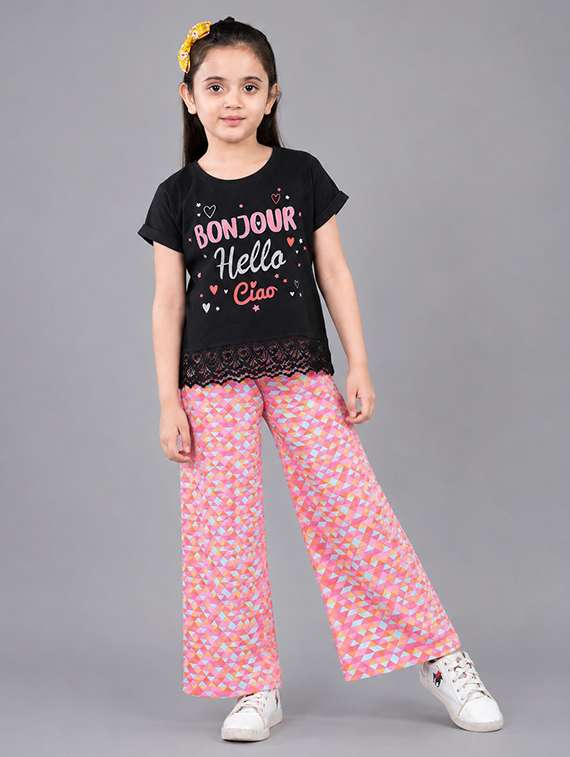 girls printed round neck top and pant twin set