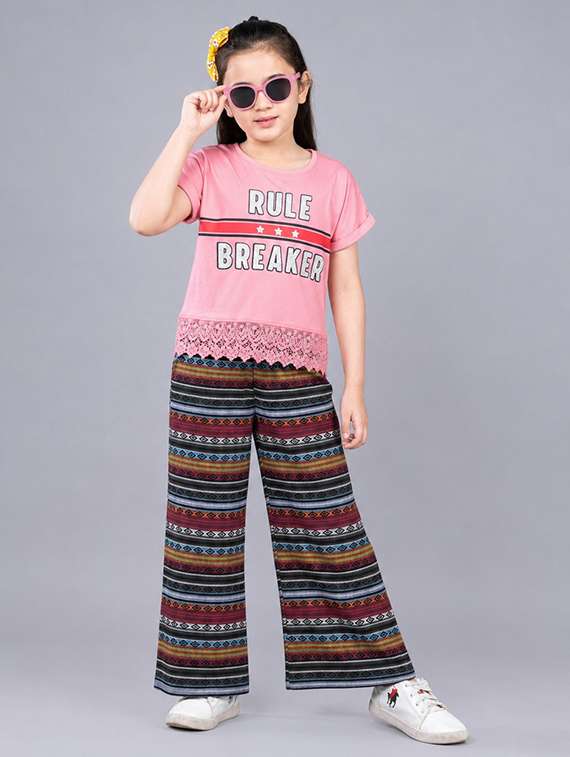 girls printed round neck top and pant twin set