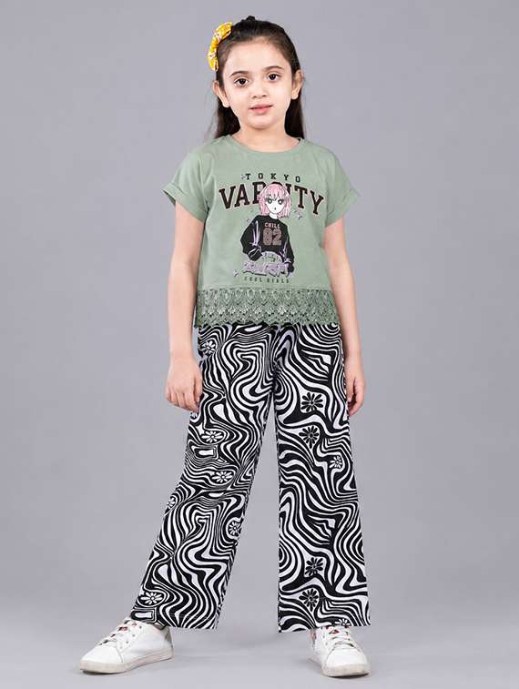 girls printed round neck top and pant twin set