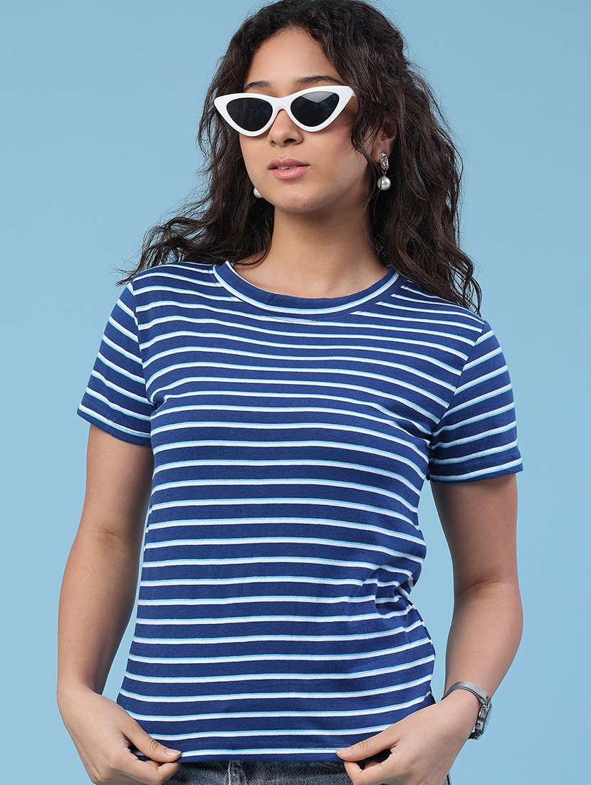 women striped round neck short sleeves t-shirt