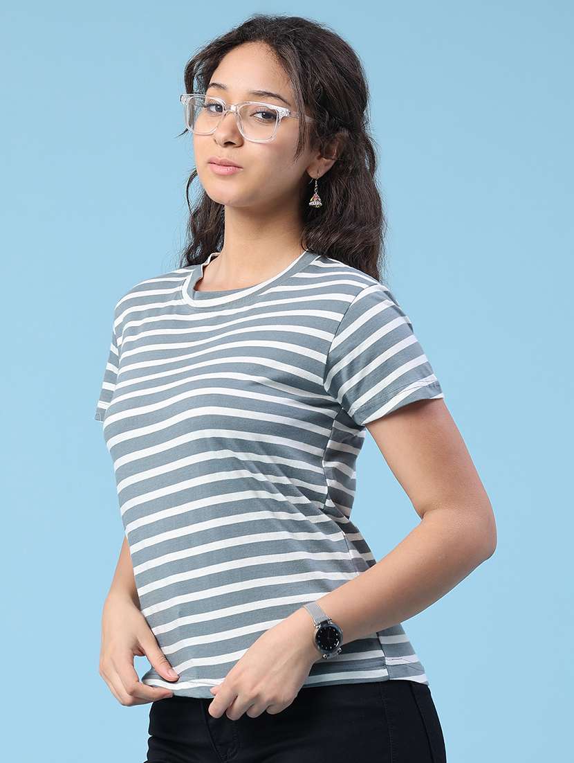 women striped round neck short sleeves t-shirt