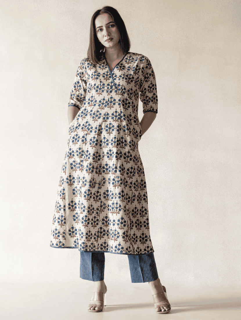 women printed overlap neck kurta and pant set