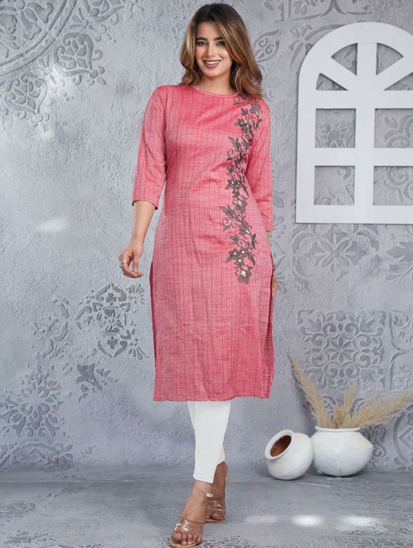 women embroidered three quarter sleeve straight kurta