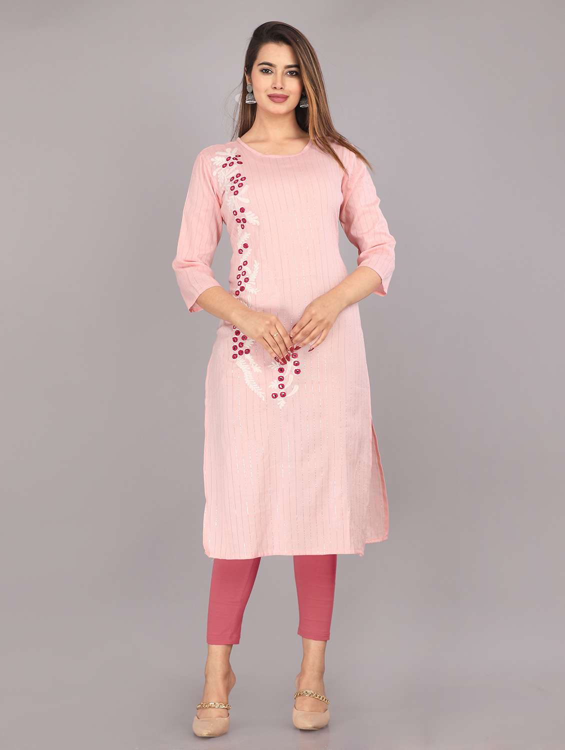 women embroidered three quarter sleeve straight kurta
