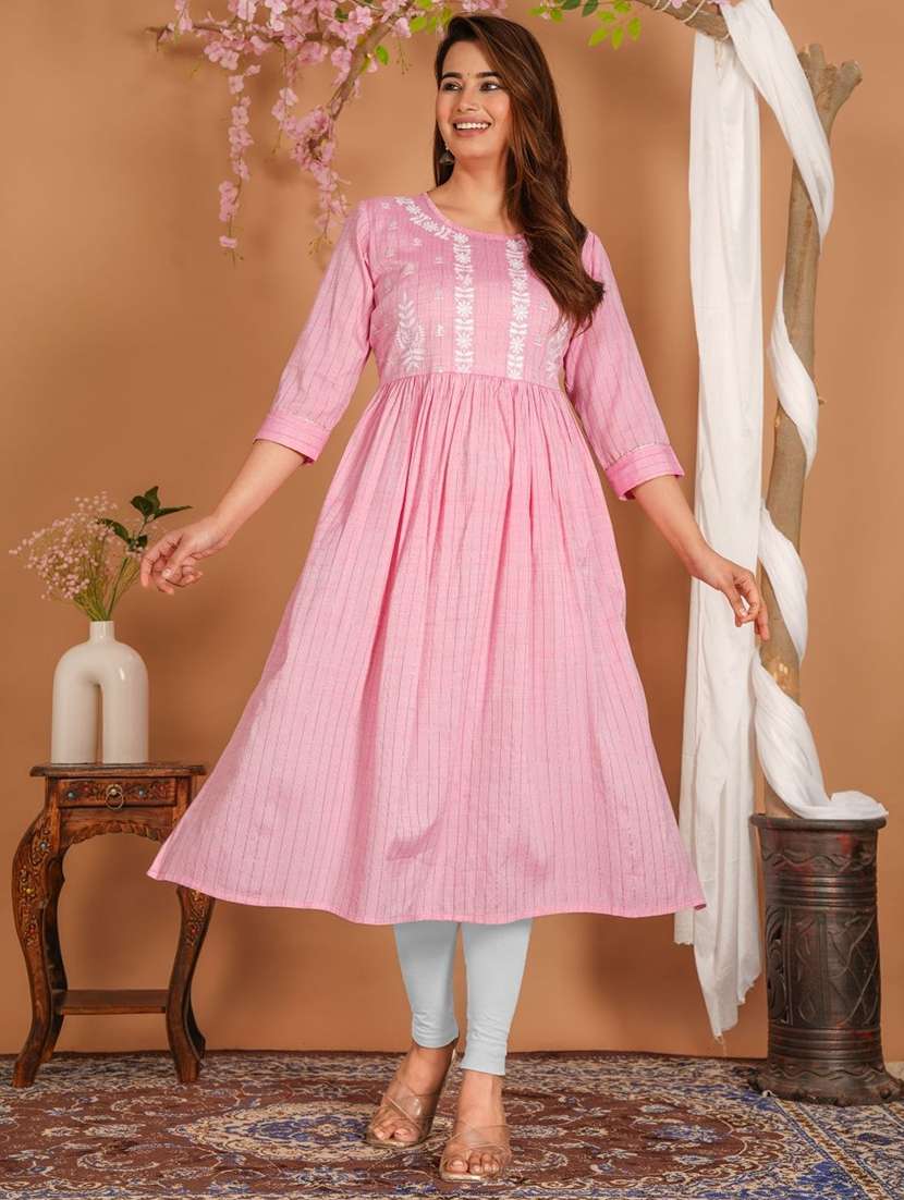 women embroidered three quarter sleeve flared kurta