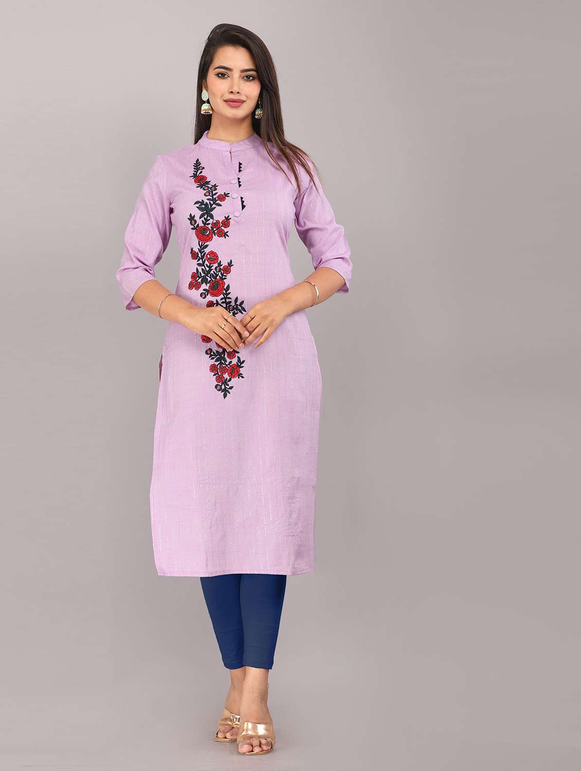 women embroidered three quarter sleeve straight kurta