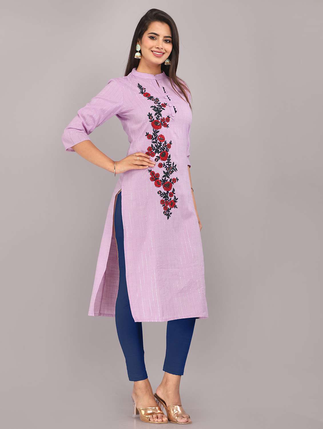 women embroidered three quarter sleeve straight kurta - 22506100 -  Standard Image - 3