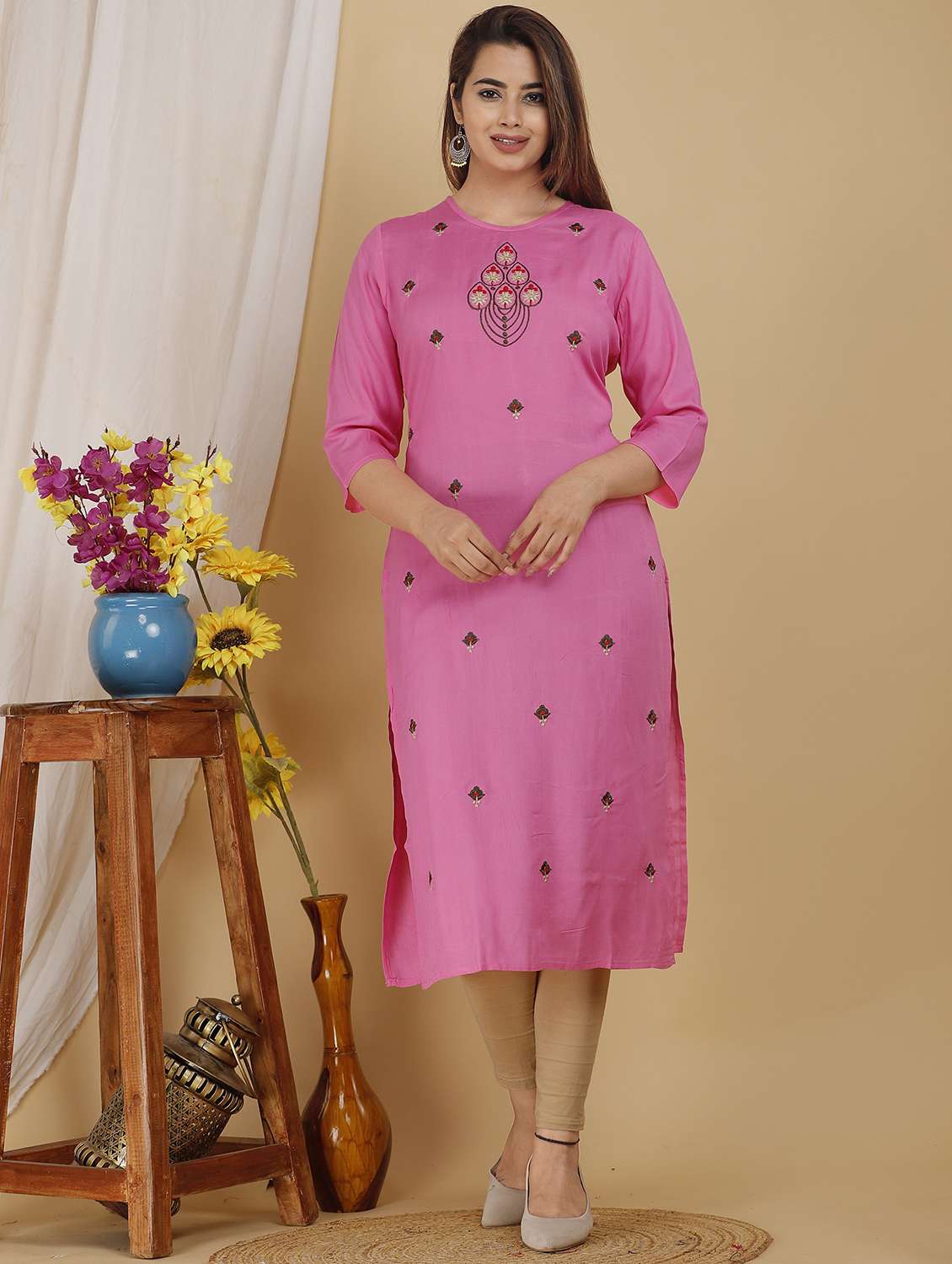 women embroidered three quarter sleeve straight kurta