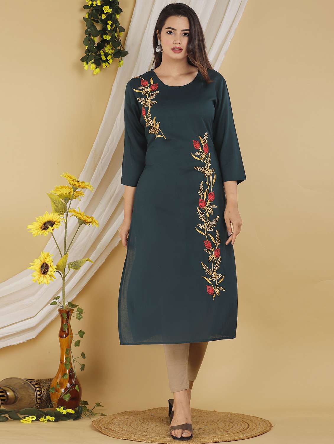 women embroidered three quarter sleeve straight kurta