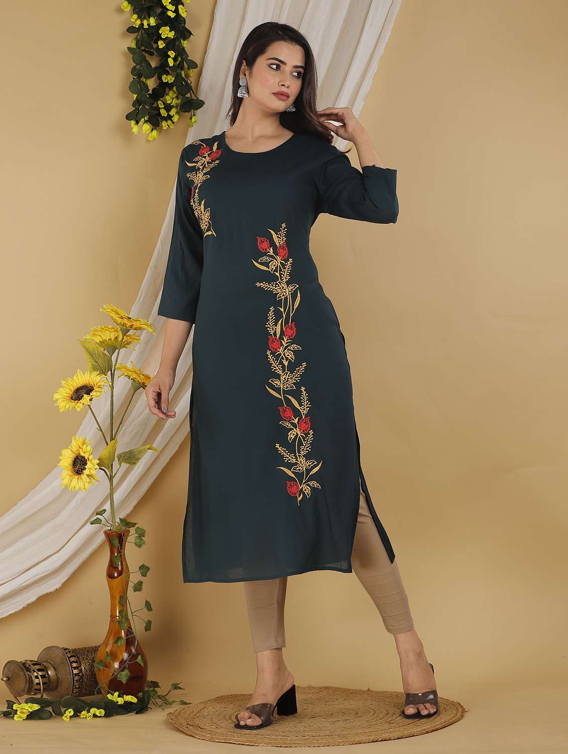women embroidered three quarter sleeve straight kurta - 22506153 -  Standard Image - 3