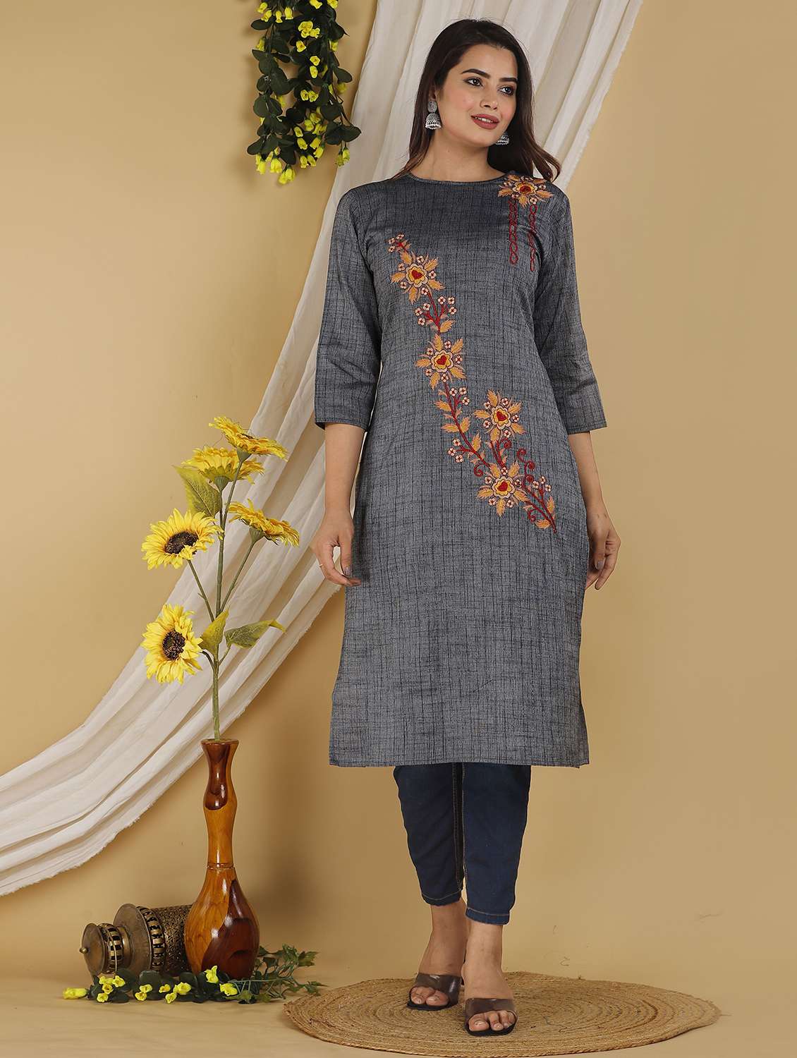 women embroidered three quarter sleeve straight kurta