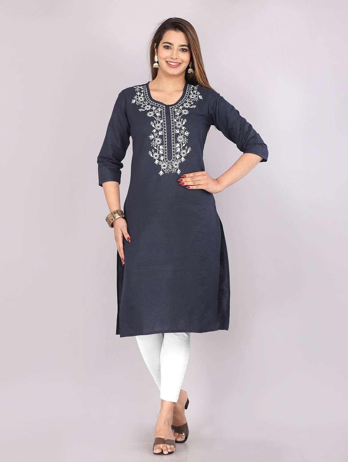 women embroidered three quarter sleeve straight kurta