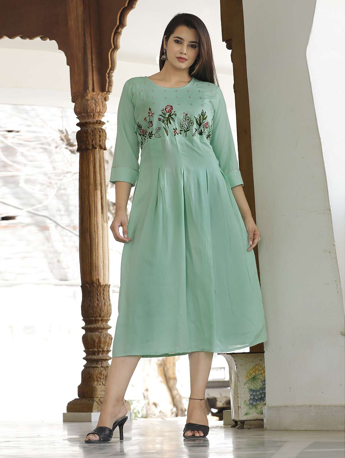 women embroidered three quarter sleeve flared kurta