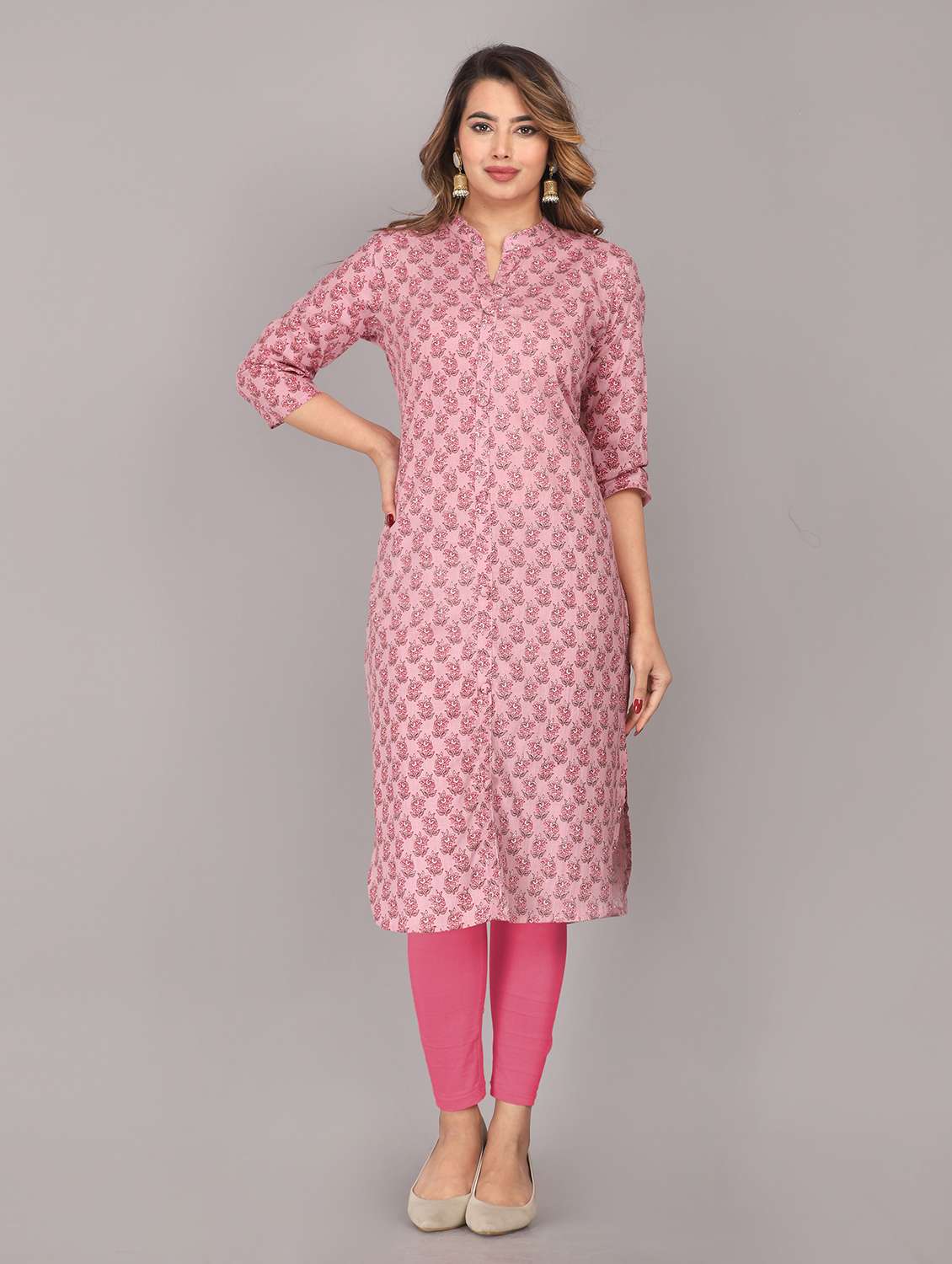 women printed three quarter sleeve straight kurta
