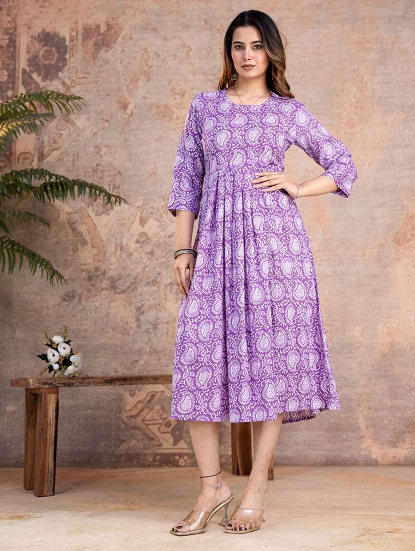 women printed three quarter sleeve fit & flare ethnic dress