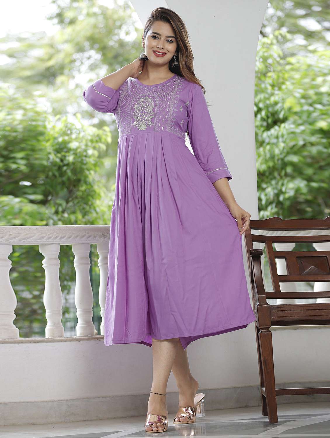 women embroidered three quarter sleeve flared kurta - 22506366 -  Standard Image - 3