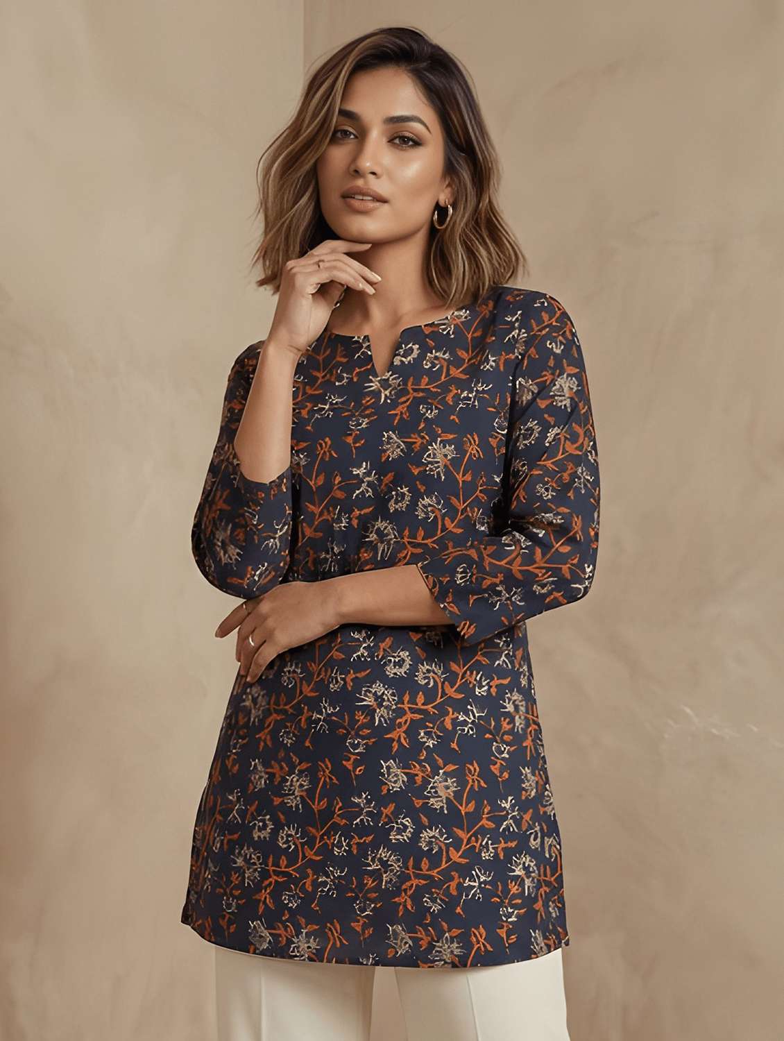 women printed notch neck straight kurti