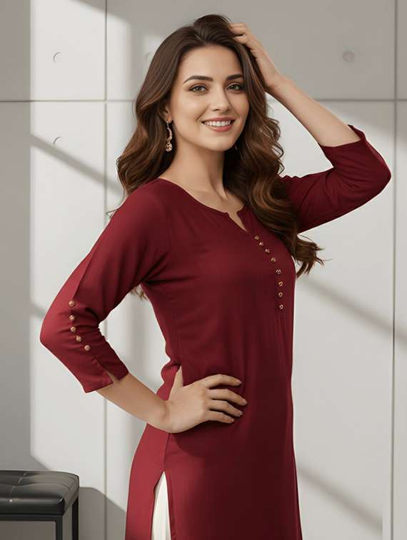 women solid three quarter sleeve straight kurti - 22506411 -  Standard Image - 3
