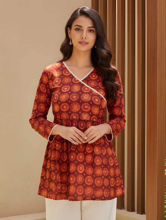 women printed long sleeves a-line kurti