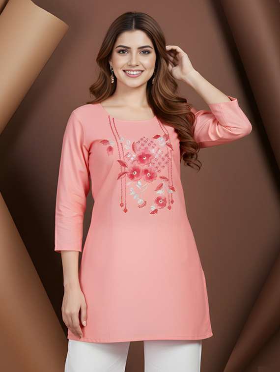 women embroidered round neck straight kurti