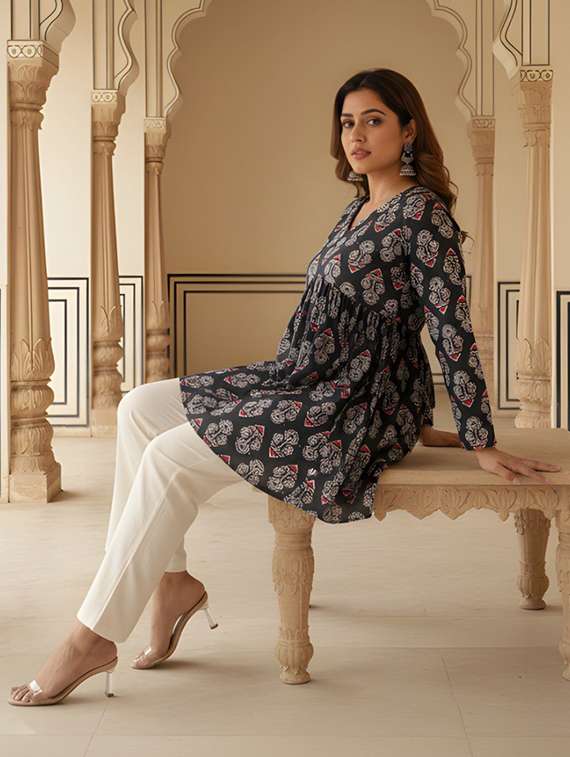 women printed v neck flared kurti - 22506420 -  Standard Image - 3